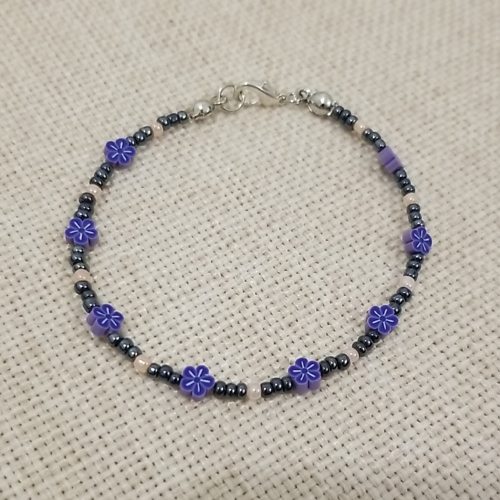 Handmade Purple Floral Beaded Bracelet